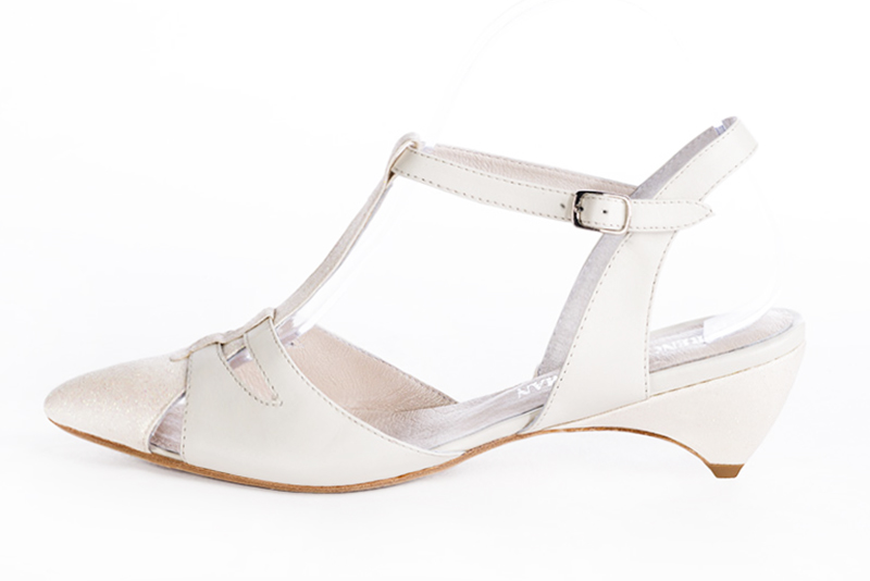 Off white women's open back T-strap shoes. Tapered toe. Low wedge heels. Profile view - Florence KOOIJMAN